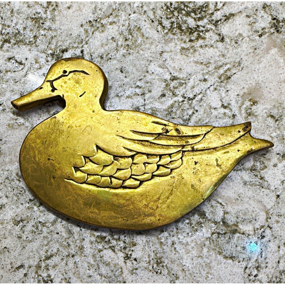 Vintage 1960’s Brass Duck Trivet Footed Metalware Textured and layered feathers
